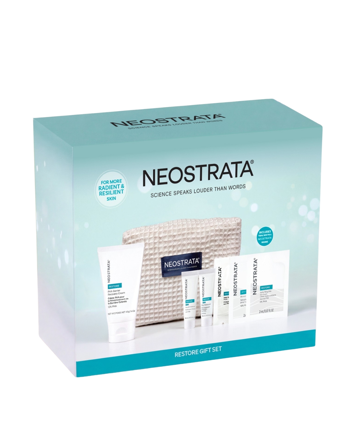 NEOSTRATA Restore Gift Set 2026 box showing the included skincare products and NEOSTRATA essentials beauty bag