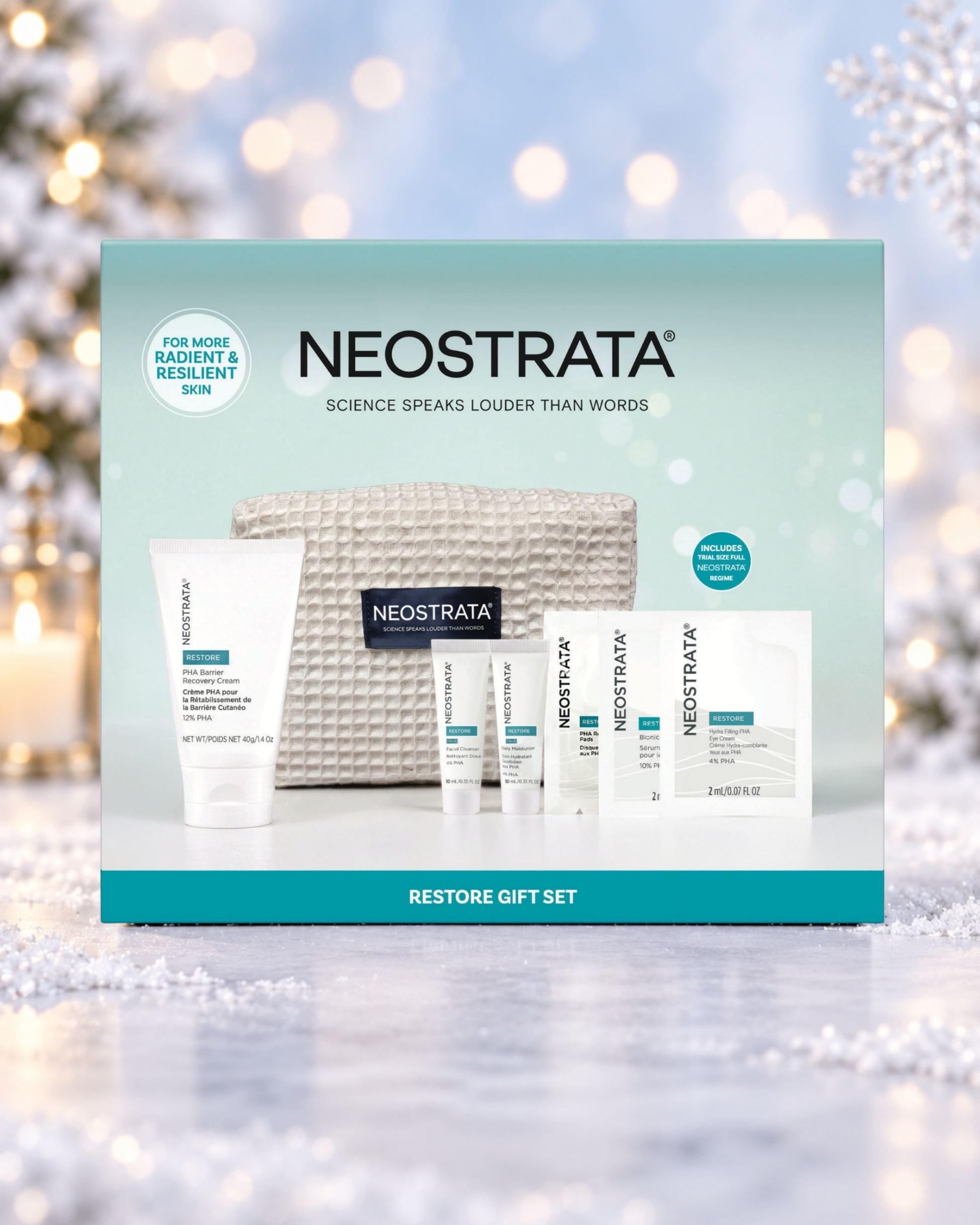 NEOSTRATA Restore Gift Set box against a snowy Christmas background with warm lights and a snowflake